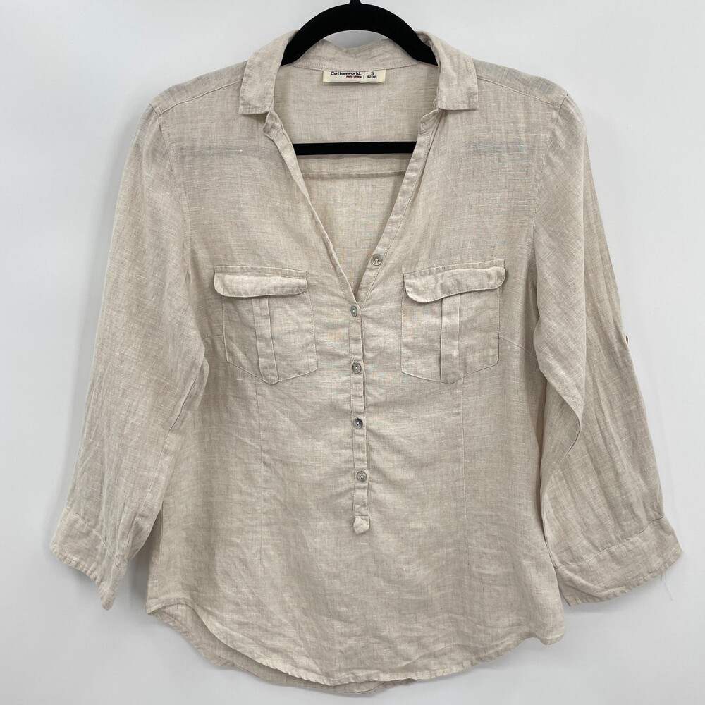 COTTONWORLD 100% Pure Linen Beige Long Sleeve Half Button Down Shirt Size S